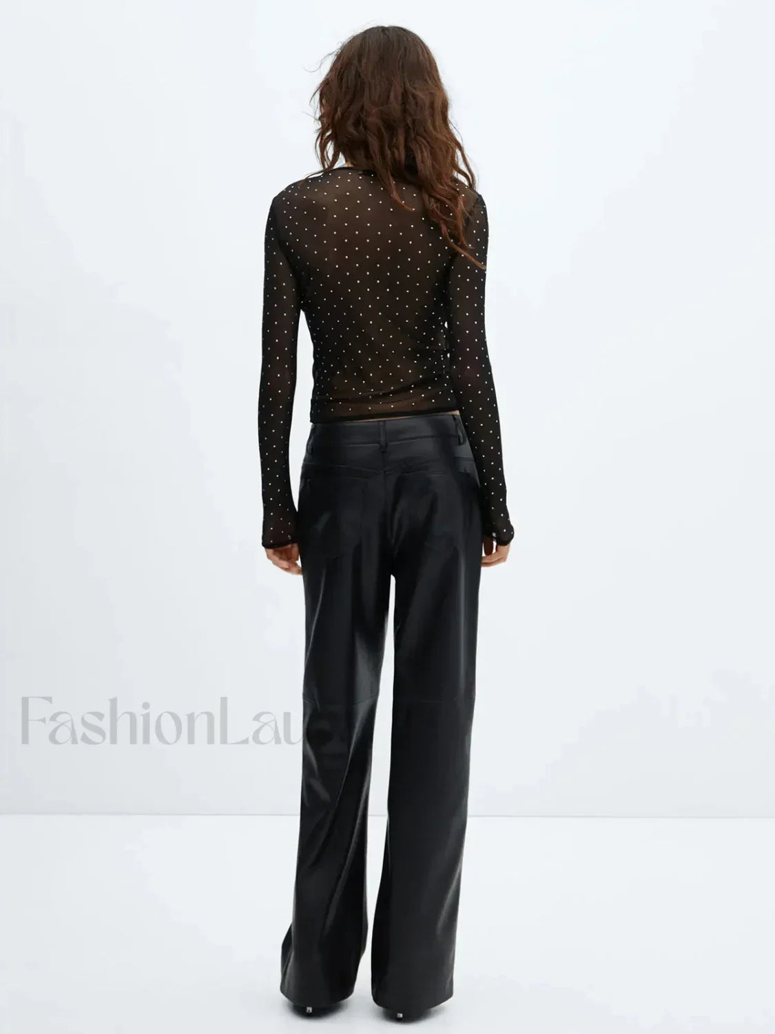 Semi-sheer Sequined Polka Dot Modern Long Sleeve Mesh Shirt