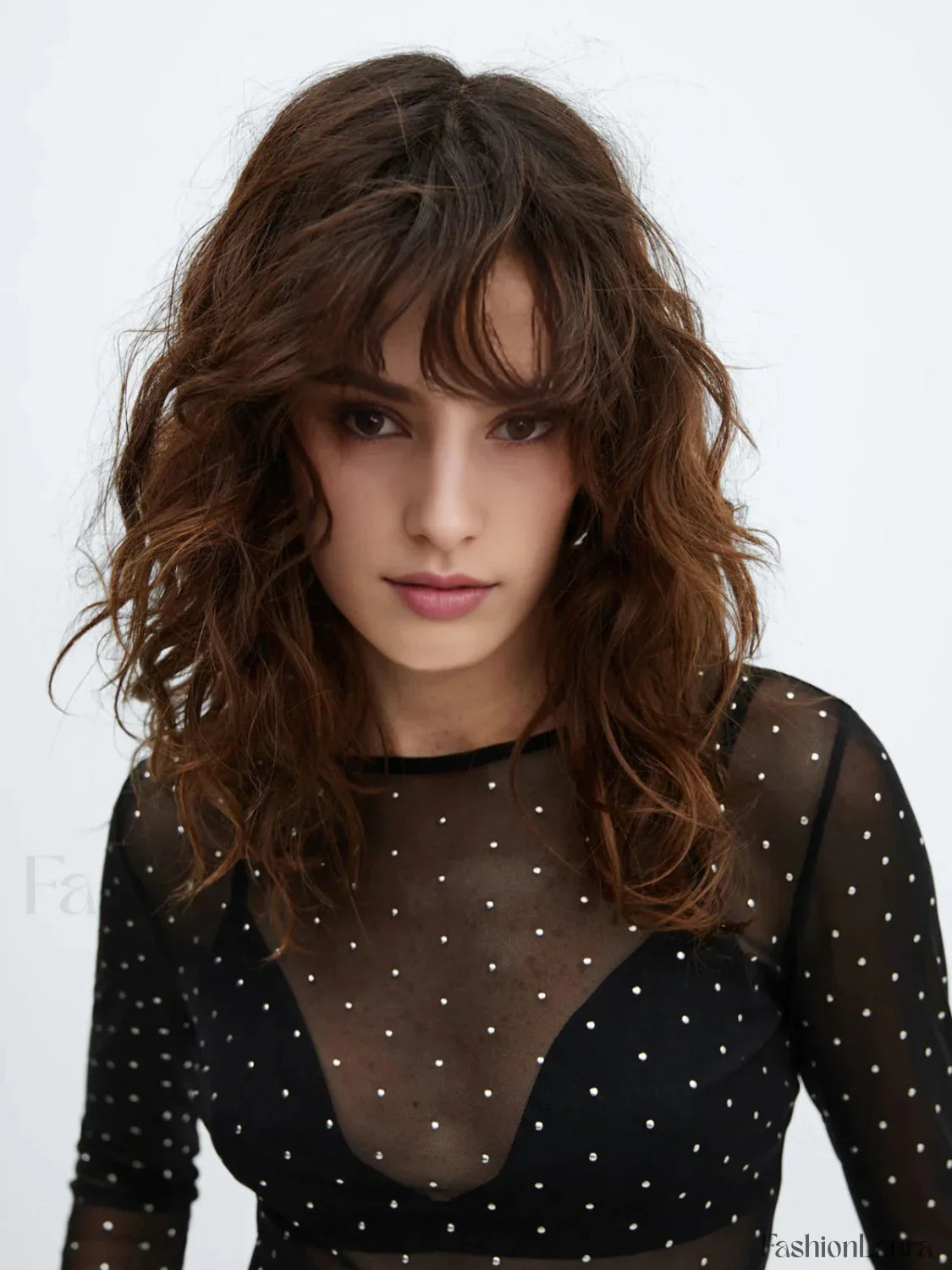 Semi-sheer Sequined Polka Dot Modern Long Sleeve Mesh Shirt