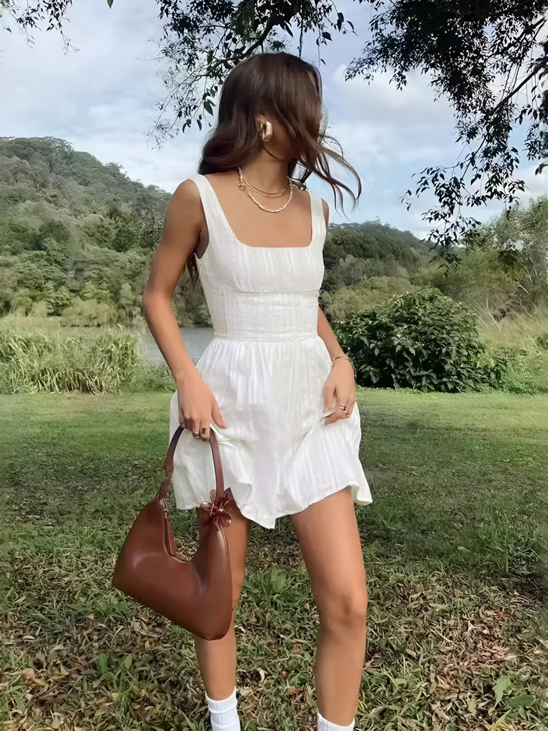 Semi-Sheer Solid Square Neckline Short Dress