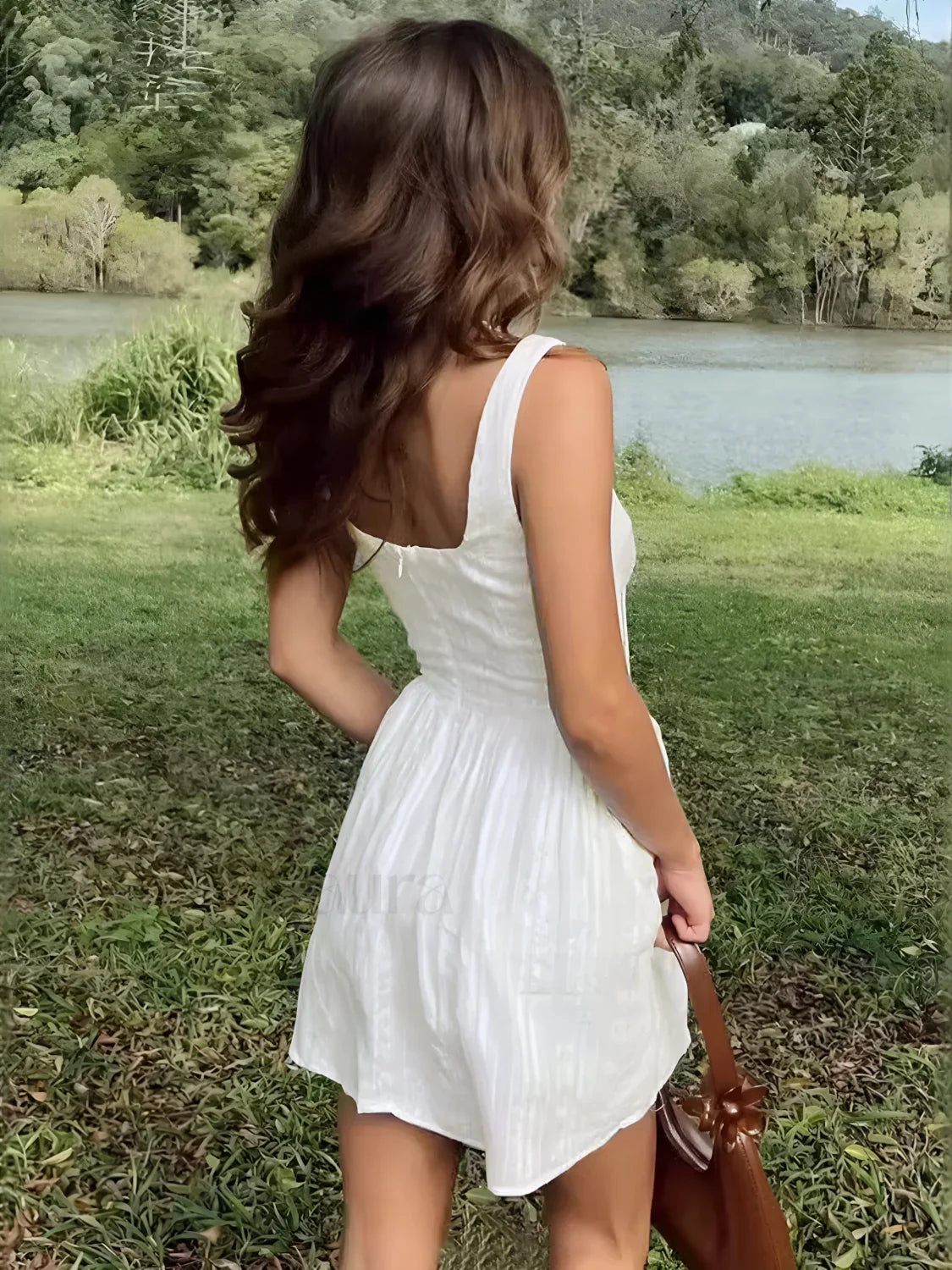 Semi-Sheer Solid Square Neckline Short Dress