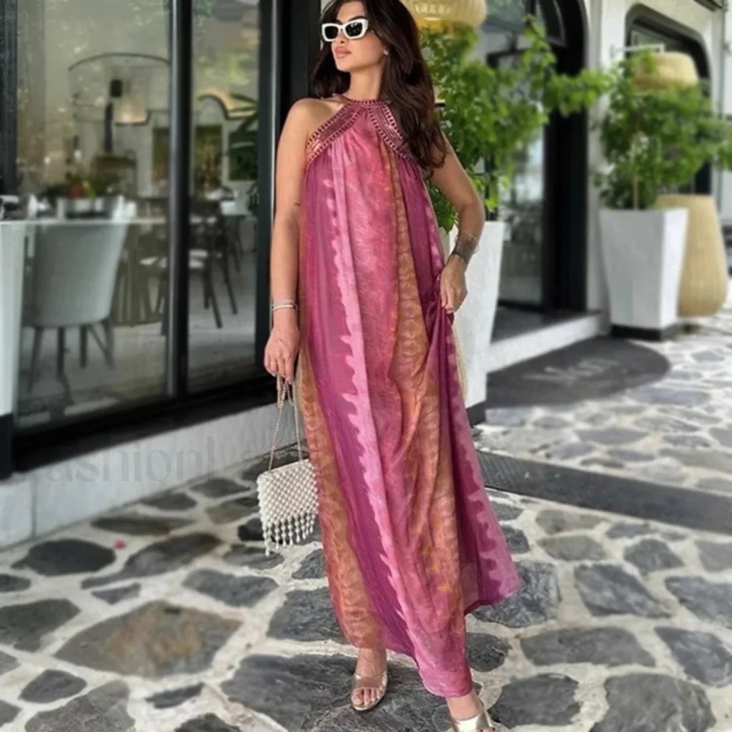 Sequin Halter Maxi Boho Dress Fuchsia / S
