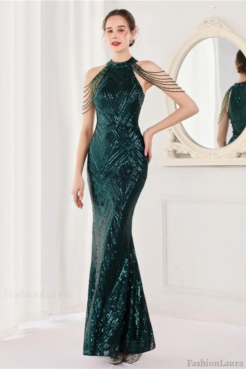 Sequin Halter Mermaid Maxi Party Dress Green / S