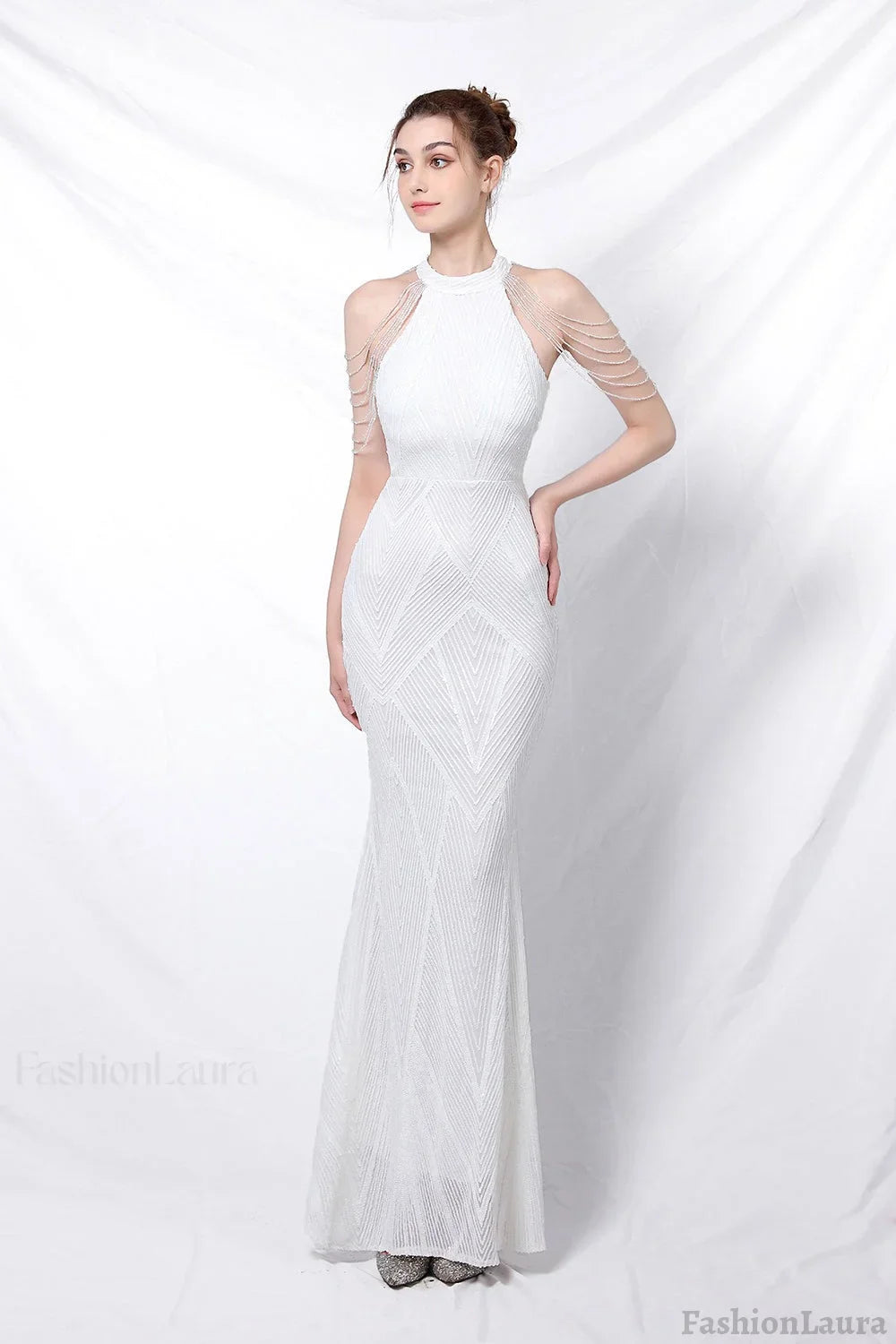 Sequin Halter Mermaid Maxi Party Dress White / S