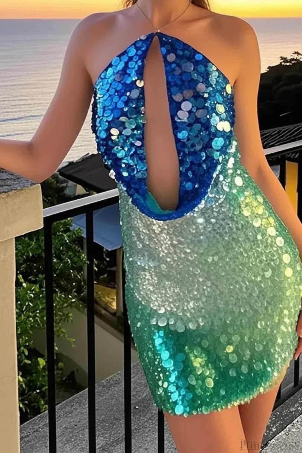 Sequin Halter Neck Cut Out Backless Bodycon Mini Dress