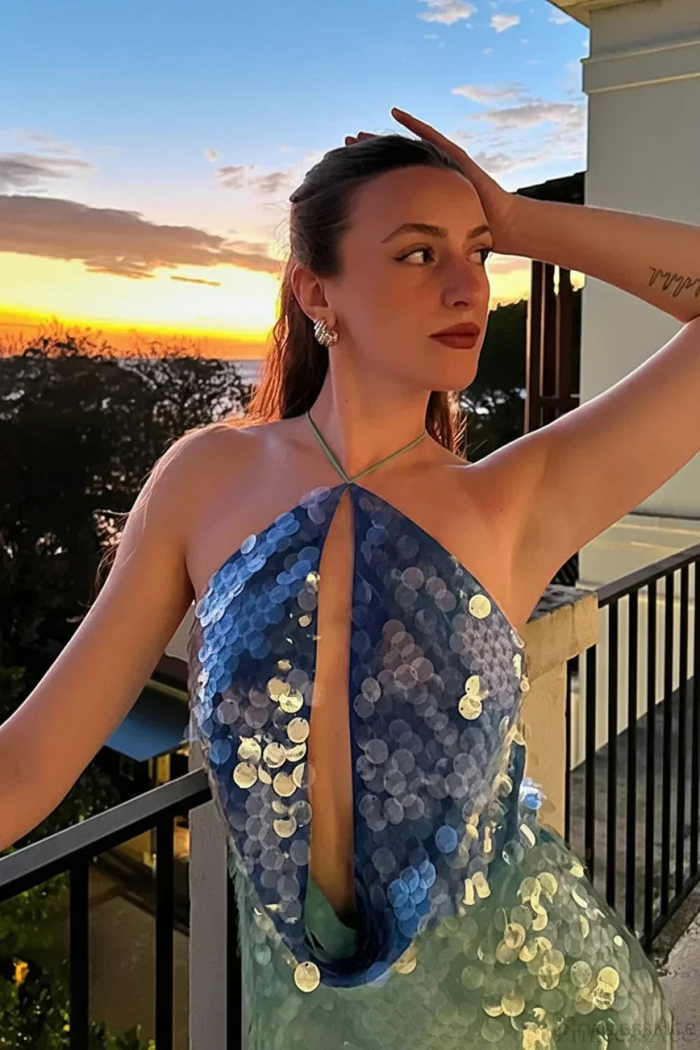Sequin Halter Neck Cut Out Backless Bodycon Mini Dress