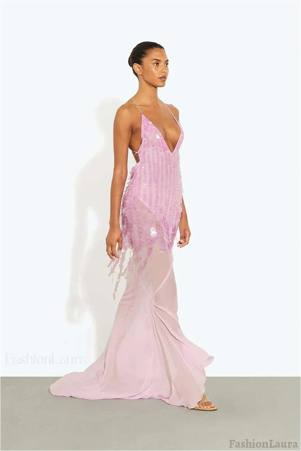 Sequin Mermaid V Neck Maxi Dress S / Pink