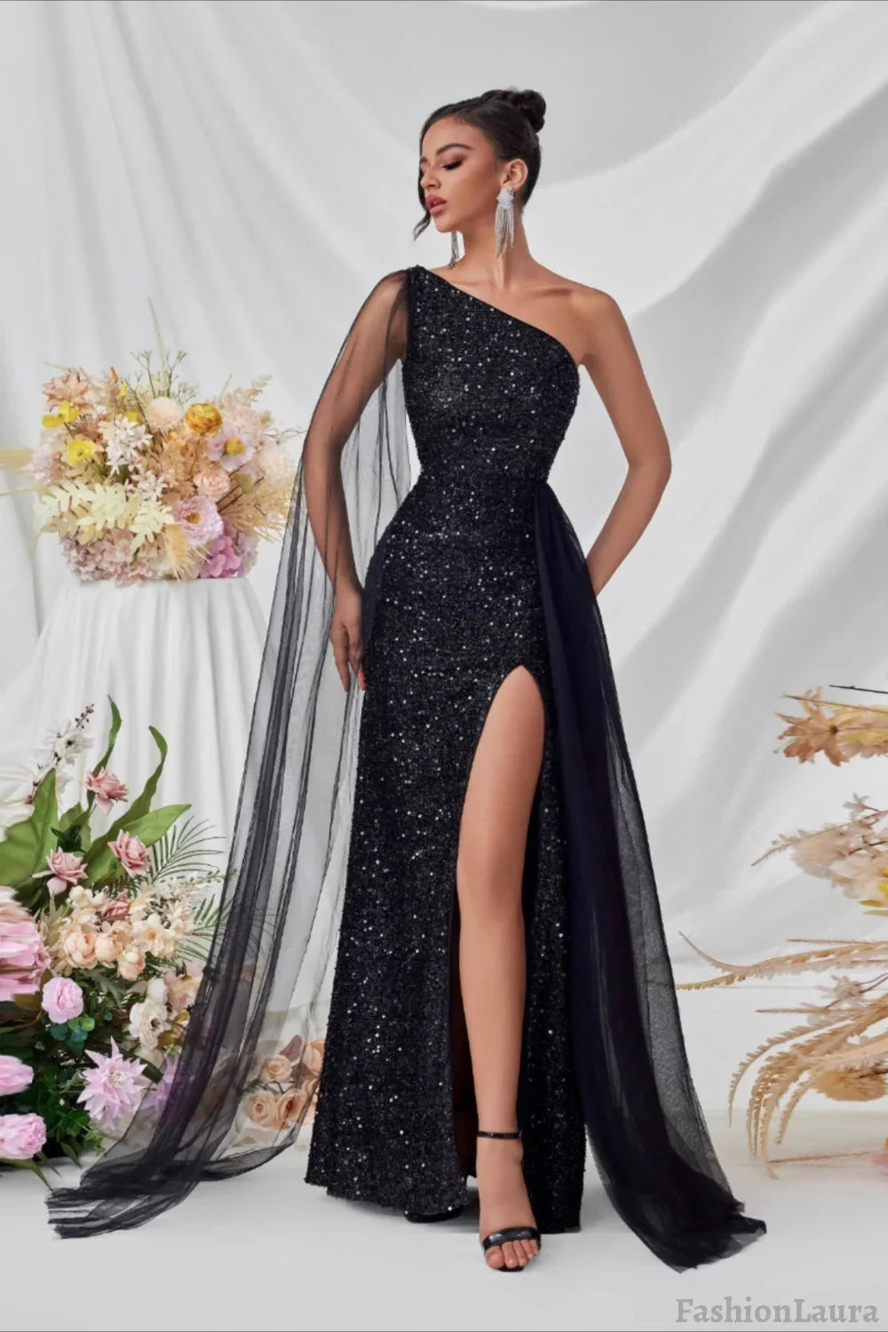 Sequin Mesh Panel Evening Party Dress