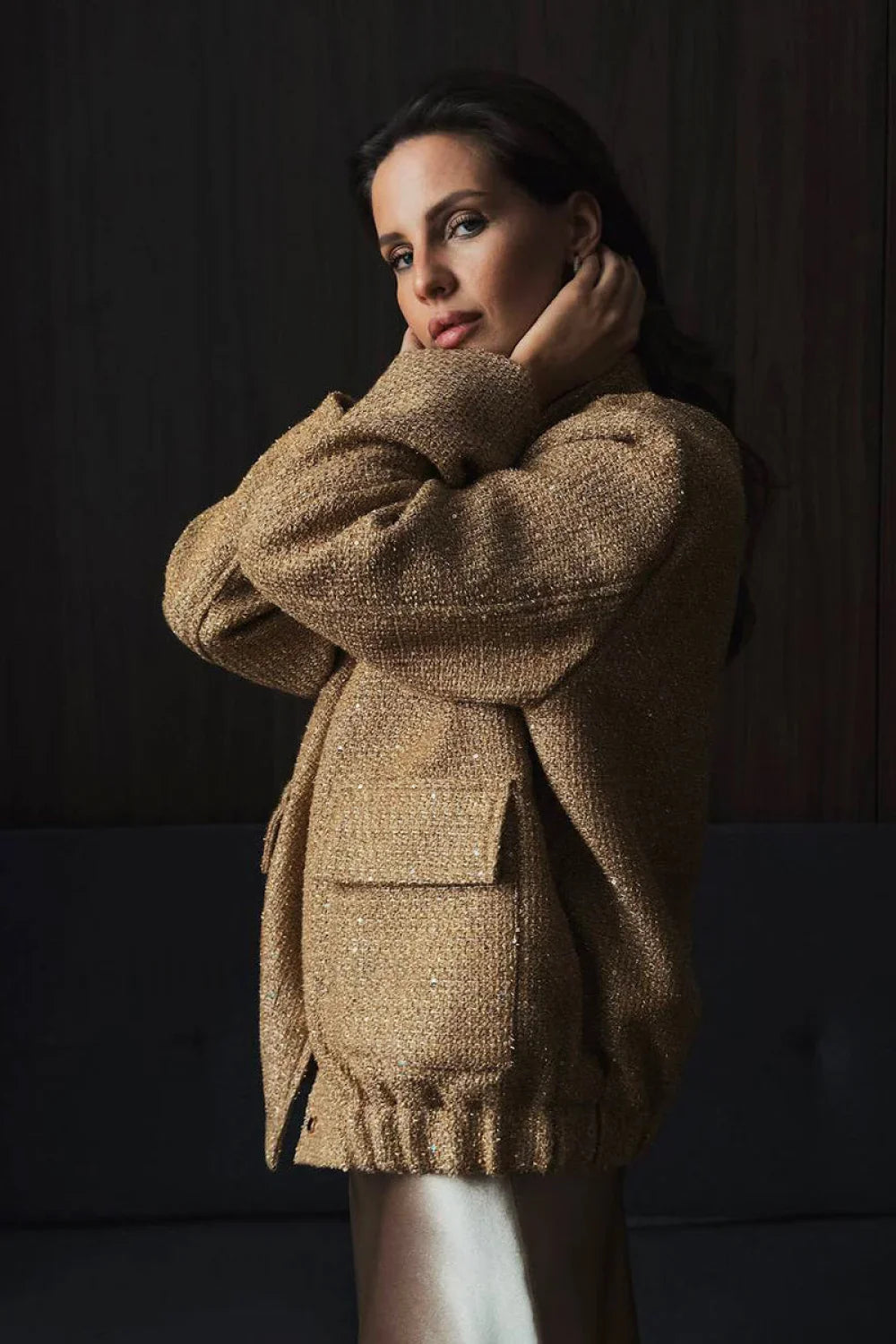 Sequin Stand Collar Pocket Jacket