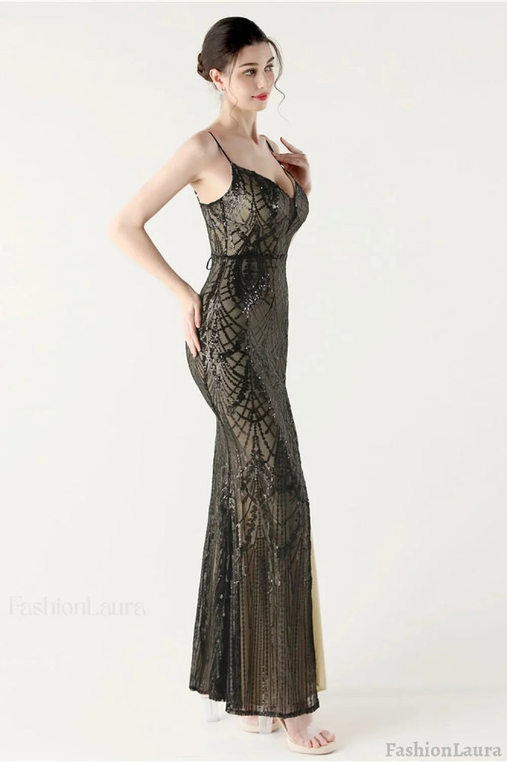 Sequin V Neck Cross Strap Mermaid Maxi Dress