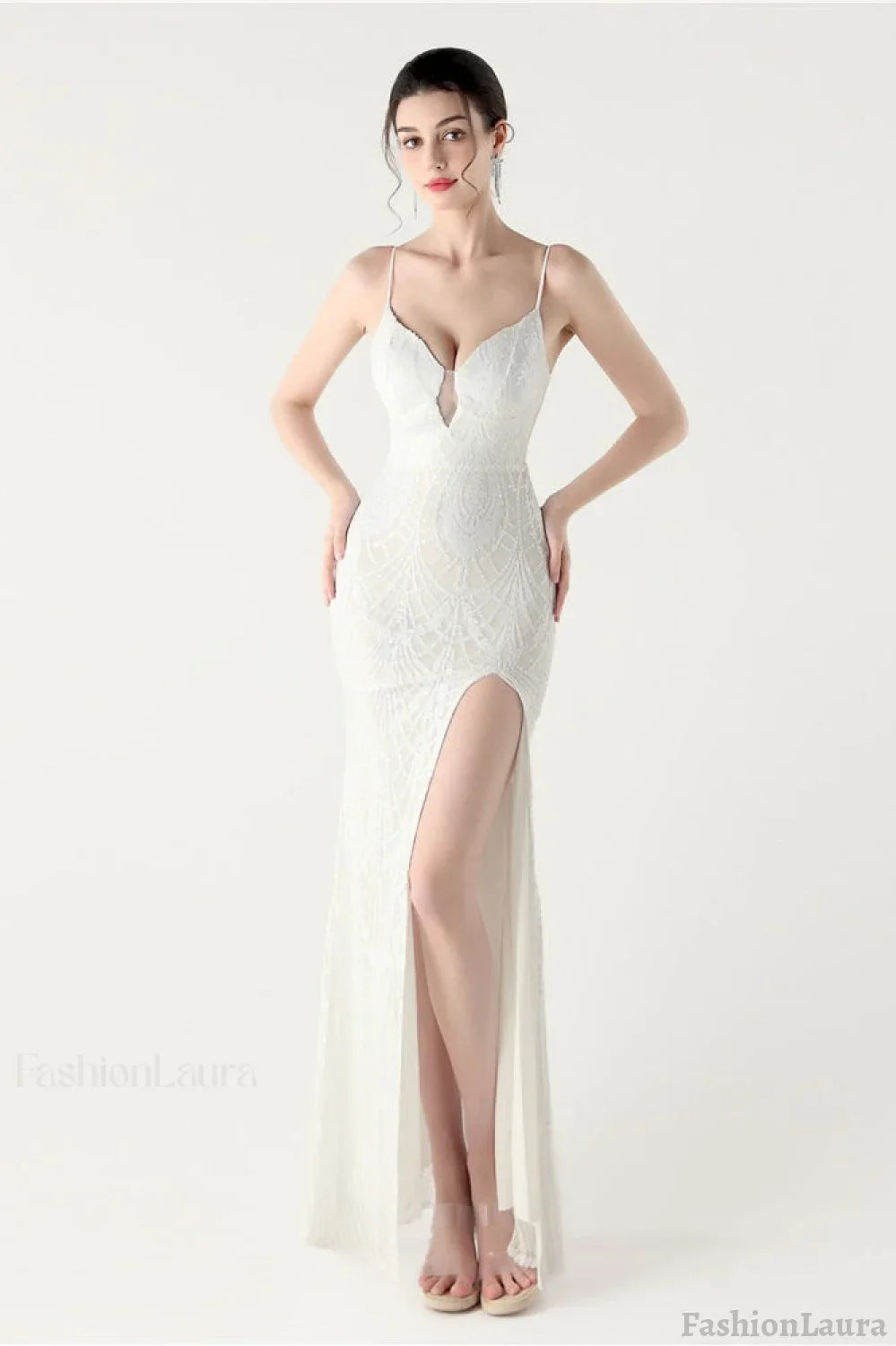 Sequin V Neck Cross Strap Mermaid Maxi Dress White / S