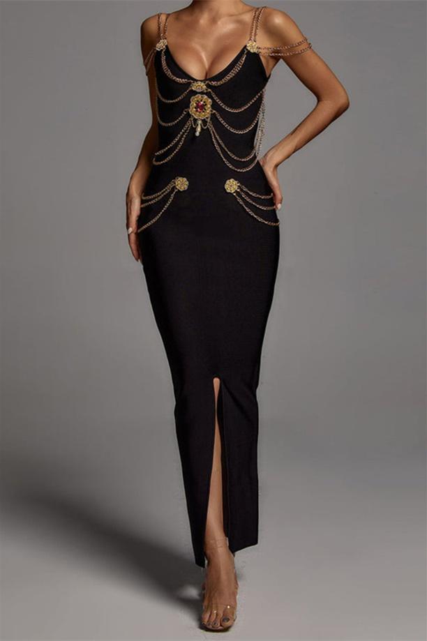 Exclusive Rocío V Neck Midi Dress with Metal Embellishment Boutique Collection