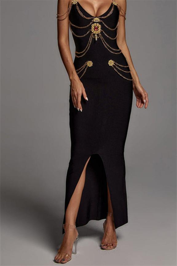 Exclusive Rocío V Neck Midi Dress with Metal Embellishment Boutique Collection