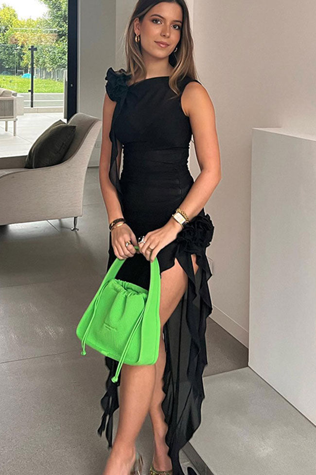 Mesh Ruffle Bodycon Maxi Dress in Black - View 2