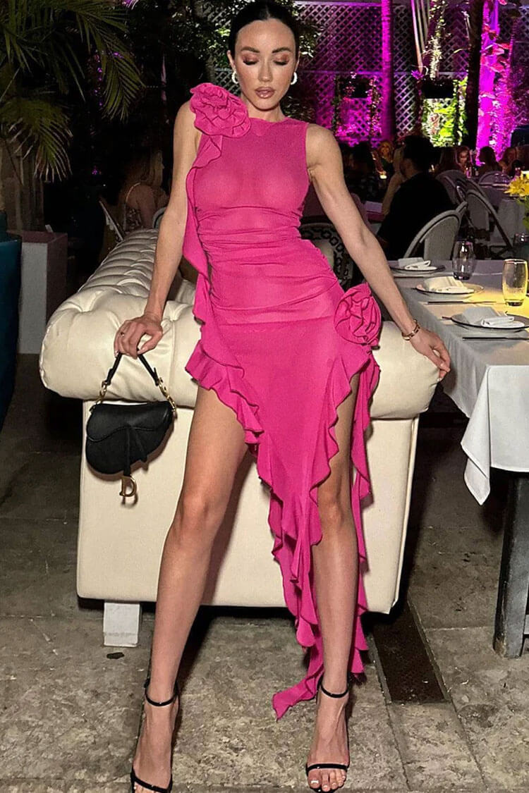 Mesh Ruffle Bodycon Maxi Dress - View 2