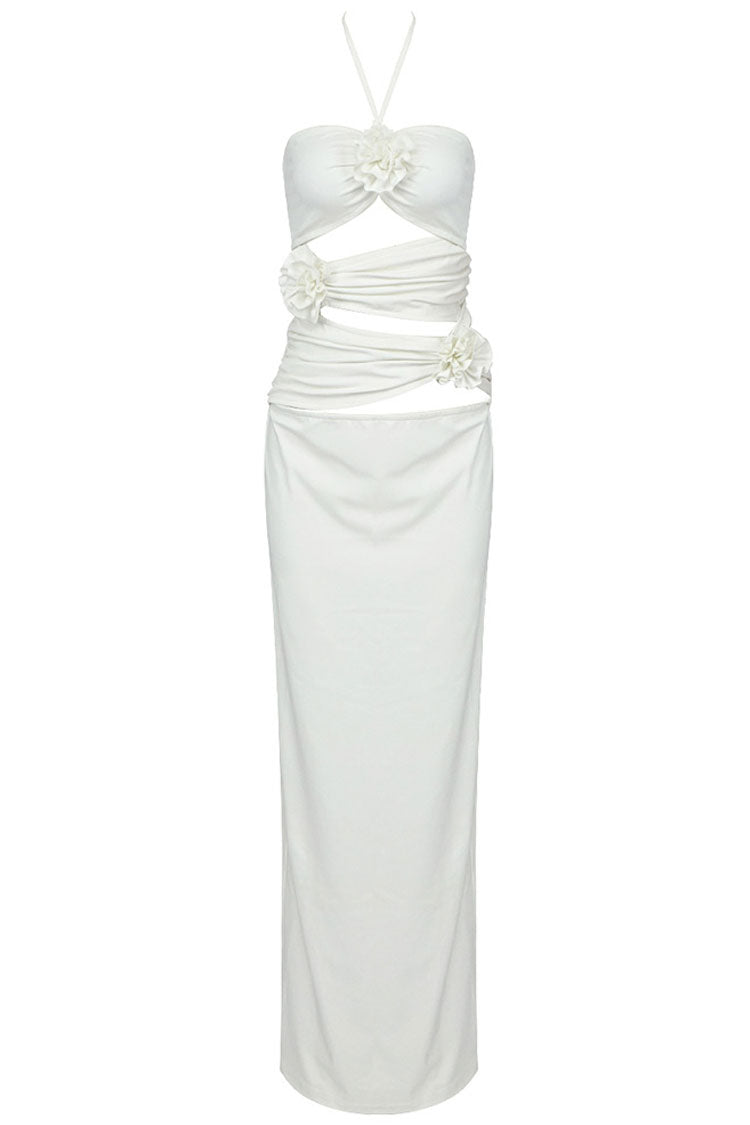 3D Floral Halter Neck Cut Out Ruched Maxi Dress