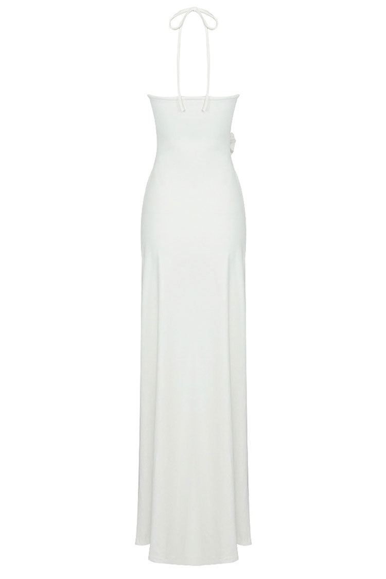 3D Floral Halter Neck Cut Out Ruched Maxi Dress
