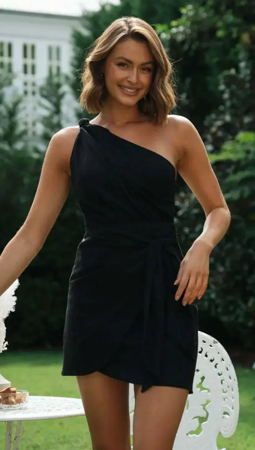 Sexy Backless Dress for Summer Women’s 2024 New Slant Neck Zipper Solid High Waist Lace up Irregular Hem Mini Dress