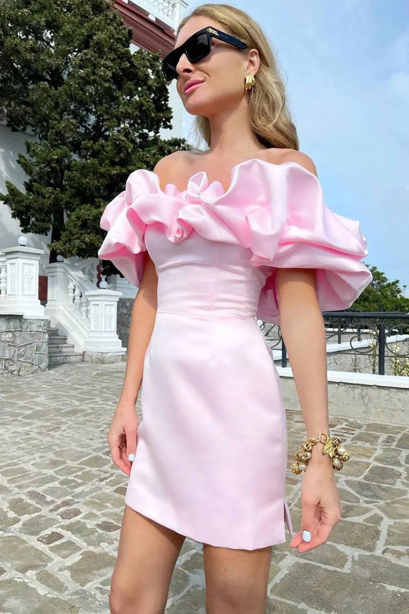 Zari Satin Ruffles Off Shoulder Mini Dress - Pink 2
