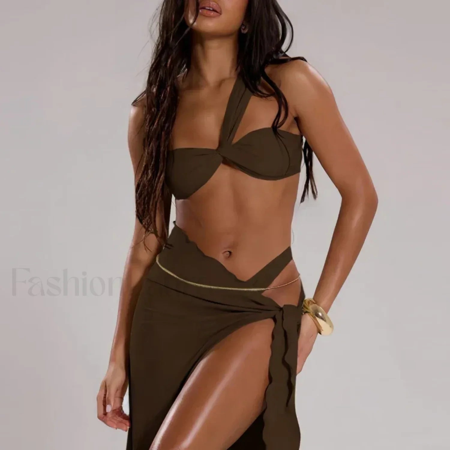 Sexy Bandage One Shoulder Bikini Set 05 Coffee / S