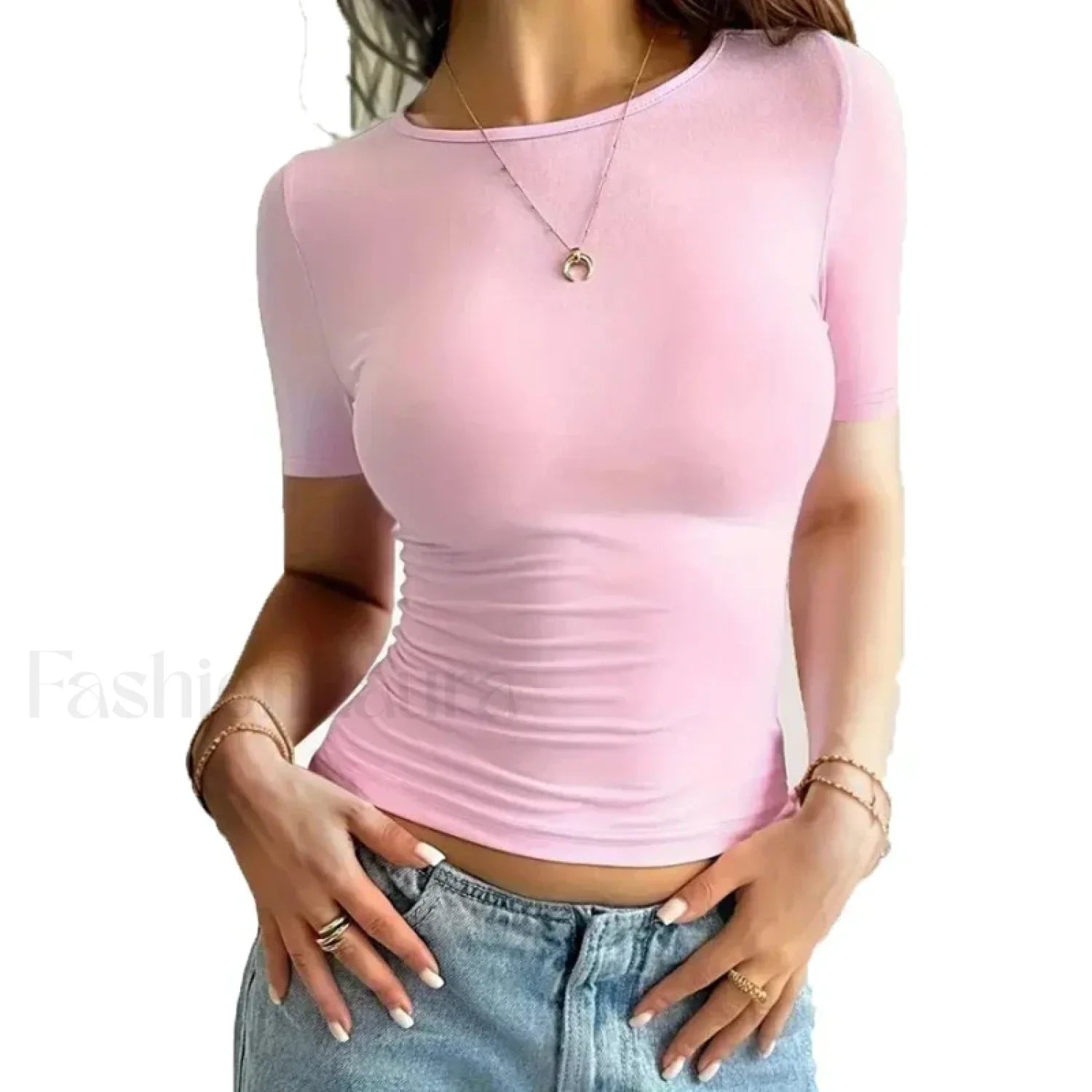 Sexy Basic Crop Tops Short Sleeve Tee Pink / S