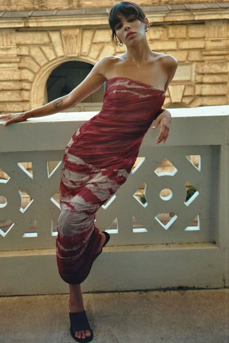 Mesh Strapless Ruched Bodycon Maxi Dress