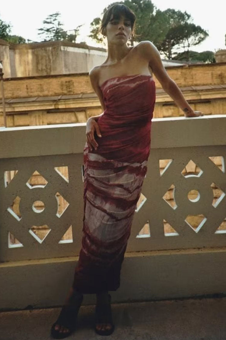 Mesh Strapless Ruched Bodycon Maxi Dress in Wine - View 2
