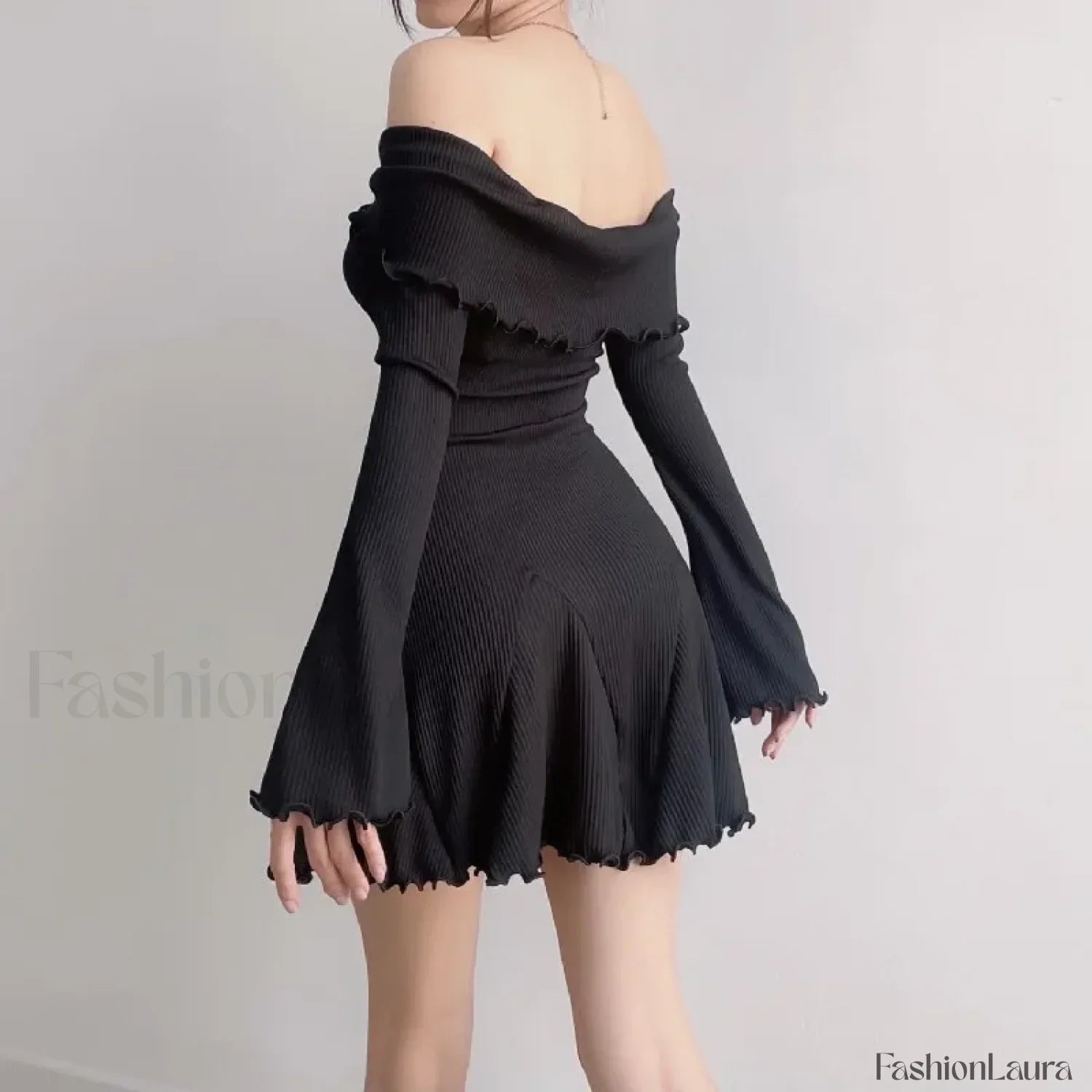 Sexy Black Autumn Strapless Off Shoulder Knitting Mini Club Party A-Line Dress