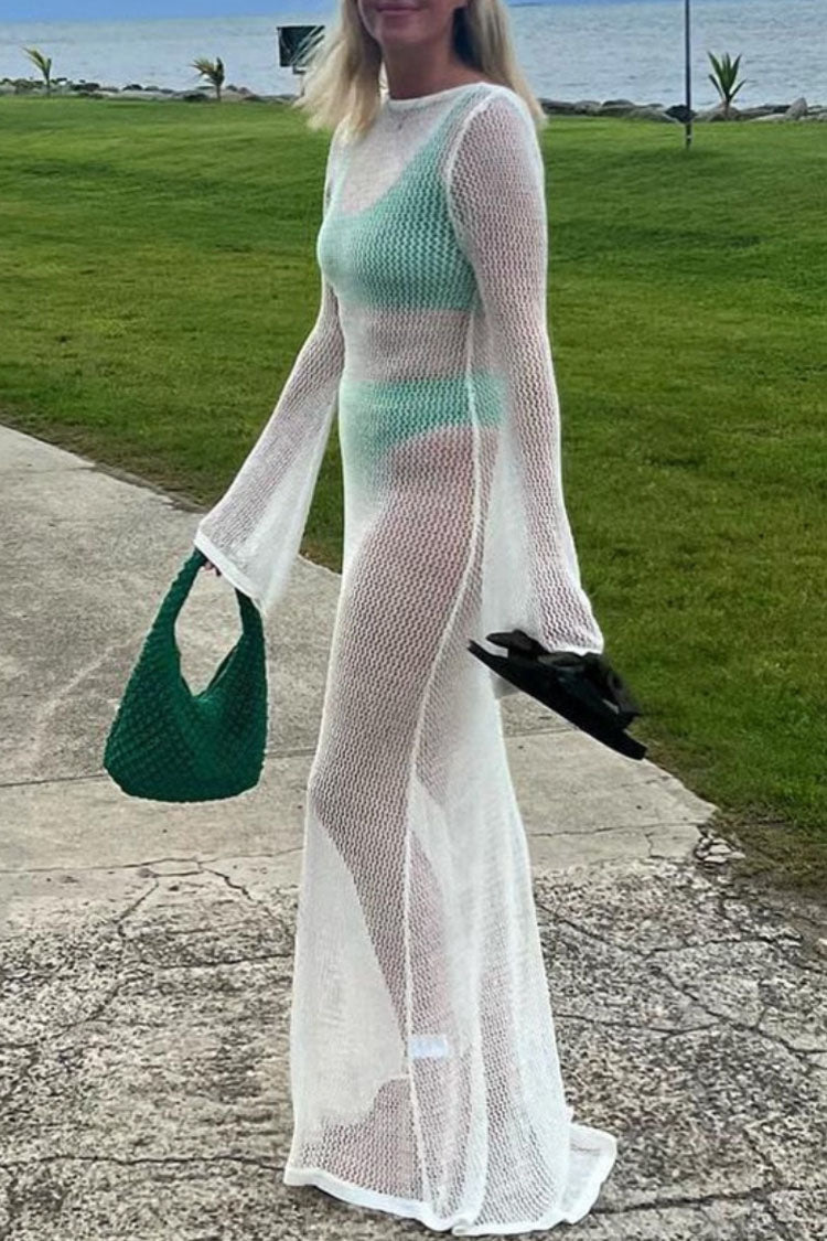 Glamorous Boat Neck Bell Sleeve Crochet Knit Beach Vacation Maxi Dress - White