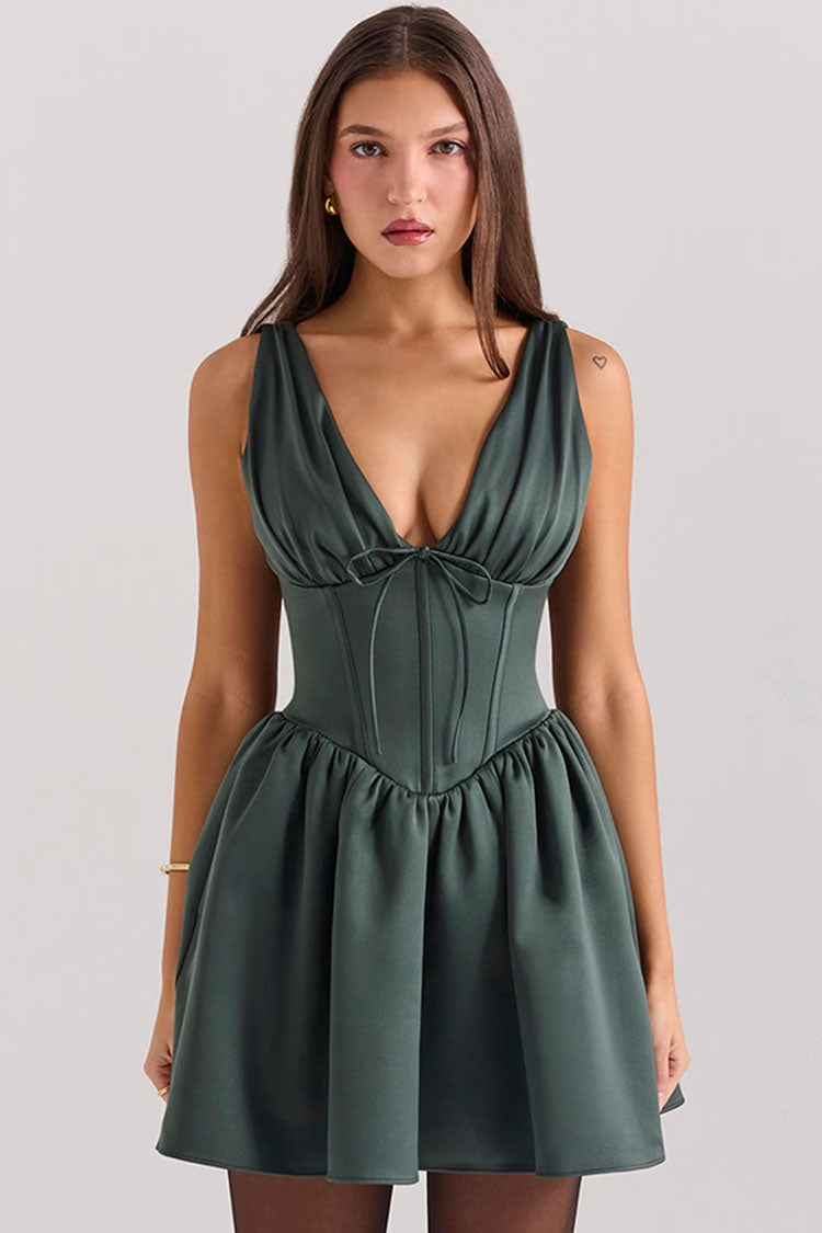 Sexy Bow Deep V Neck Sleeveless Corset Gathered Satin Party Mini Dress