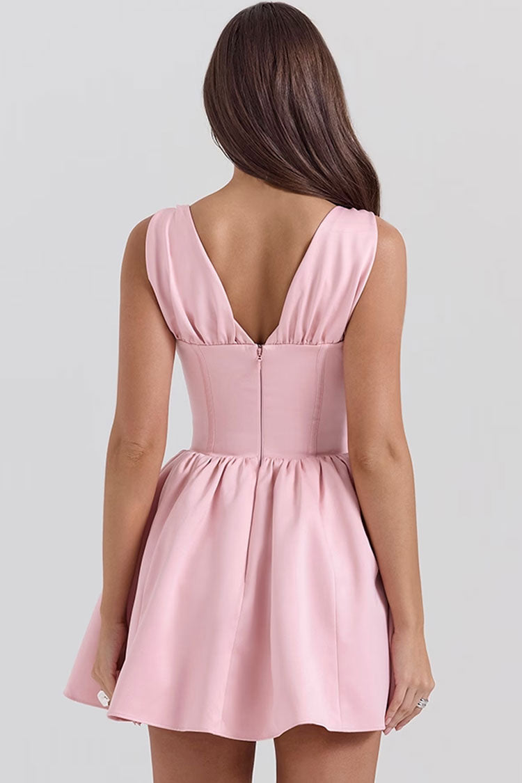 Sexy Bow Deep V Neck Sleeveless Corset Gathered Satin Party Mini Dress