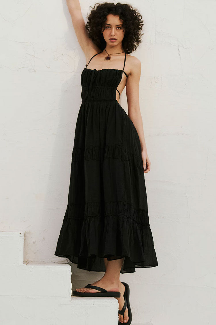 Sexy Bow Tie Backless Smocked Tiered Ruffle Beach Vacation Midi Sundress