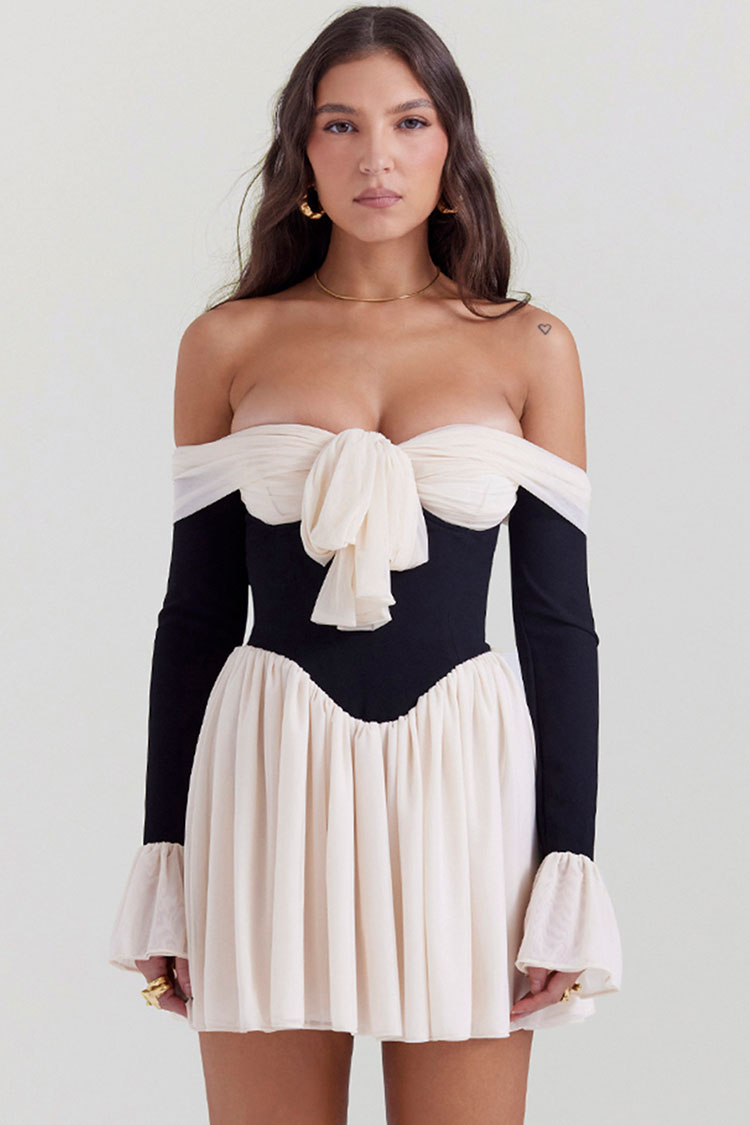 Mesh Off Shoulder Long Sleeve Bow Corset Mini Dress
