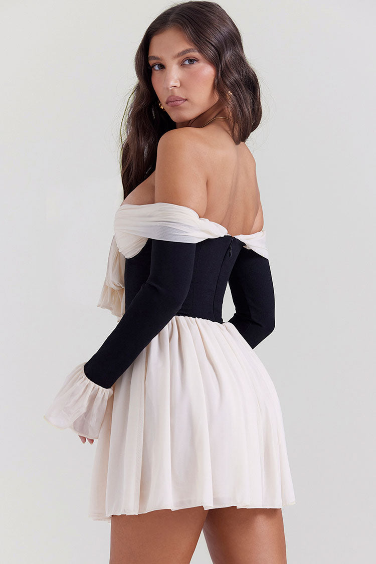 Mesh Off Shoulder Long Sleeve Bow Corset Mini Dress