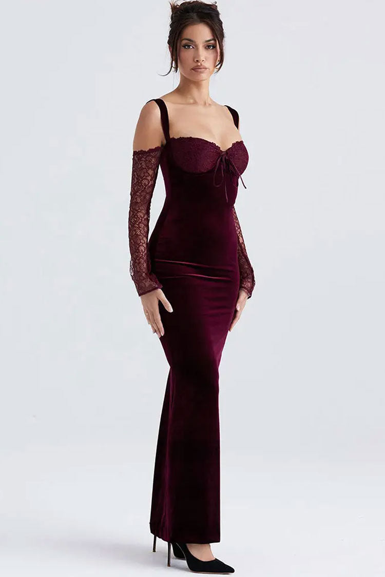 Sexy Bow Tie Sweetheart Cutout Shoulder Velvet Evening Maxi Dress - Burgundy 3