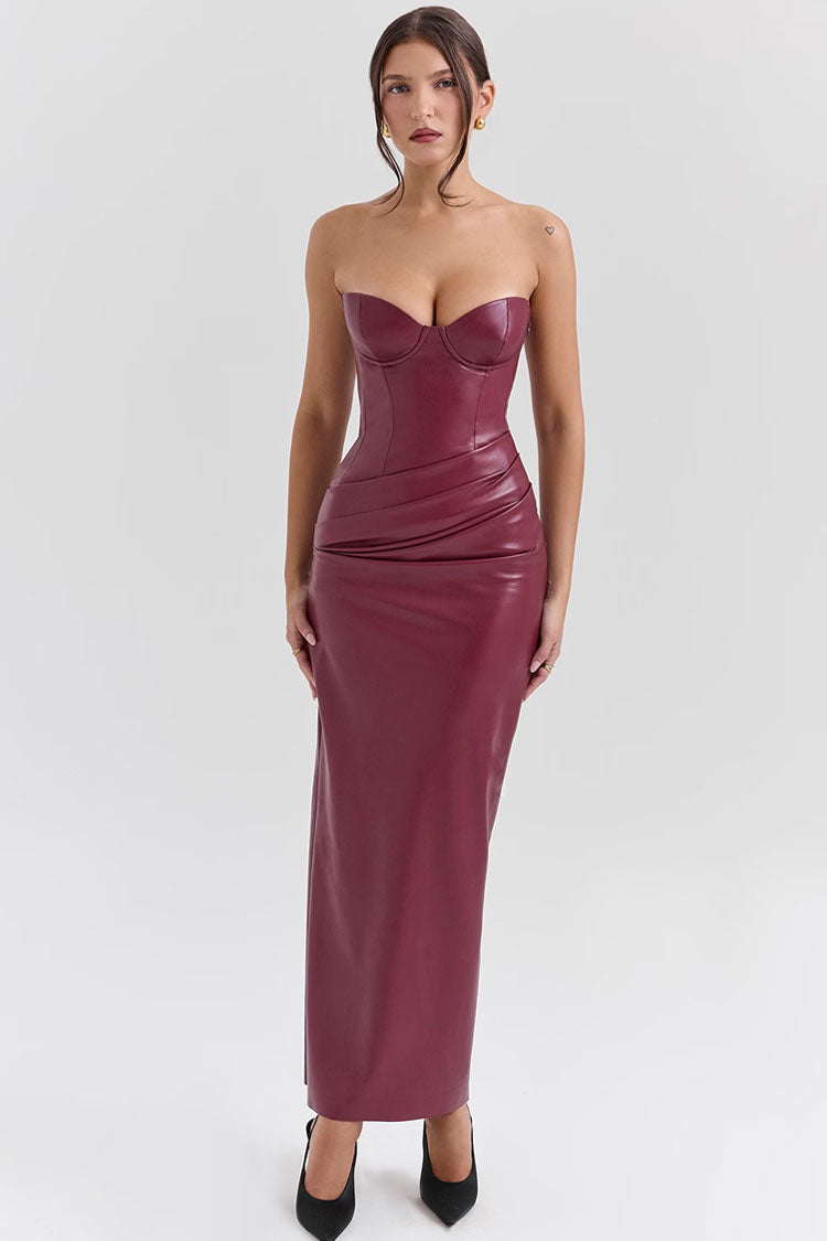 Sexy Bustier Strapless Ruched Vegan Leather Bodycon Evening Maxi Dress