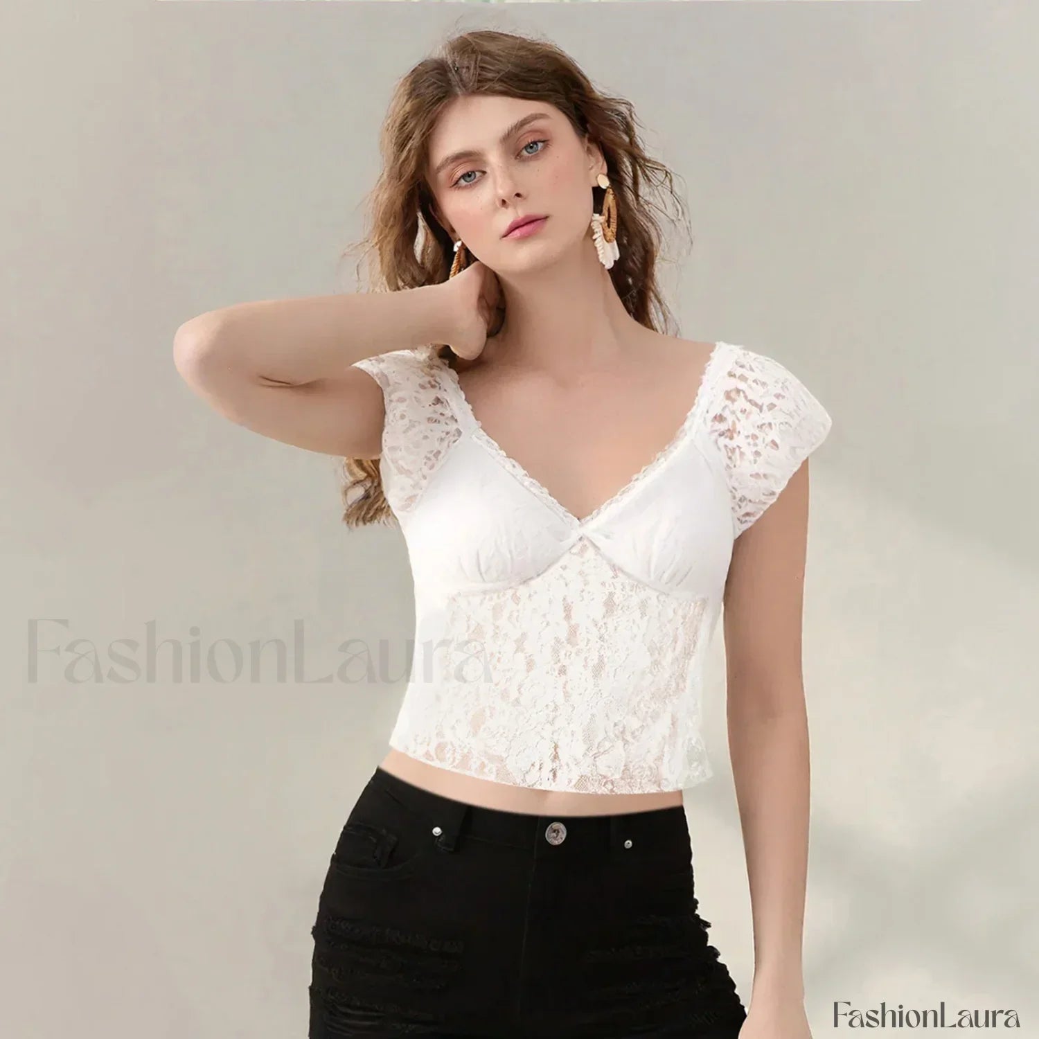 Sexy Cap Sleeve Lace Crop Top T-Shirt