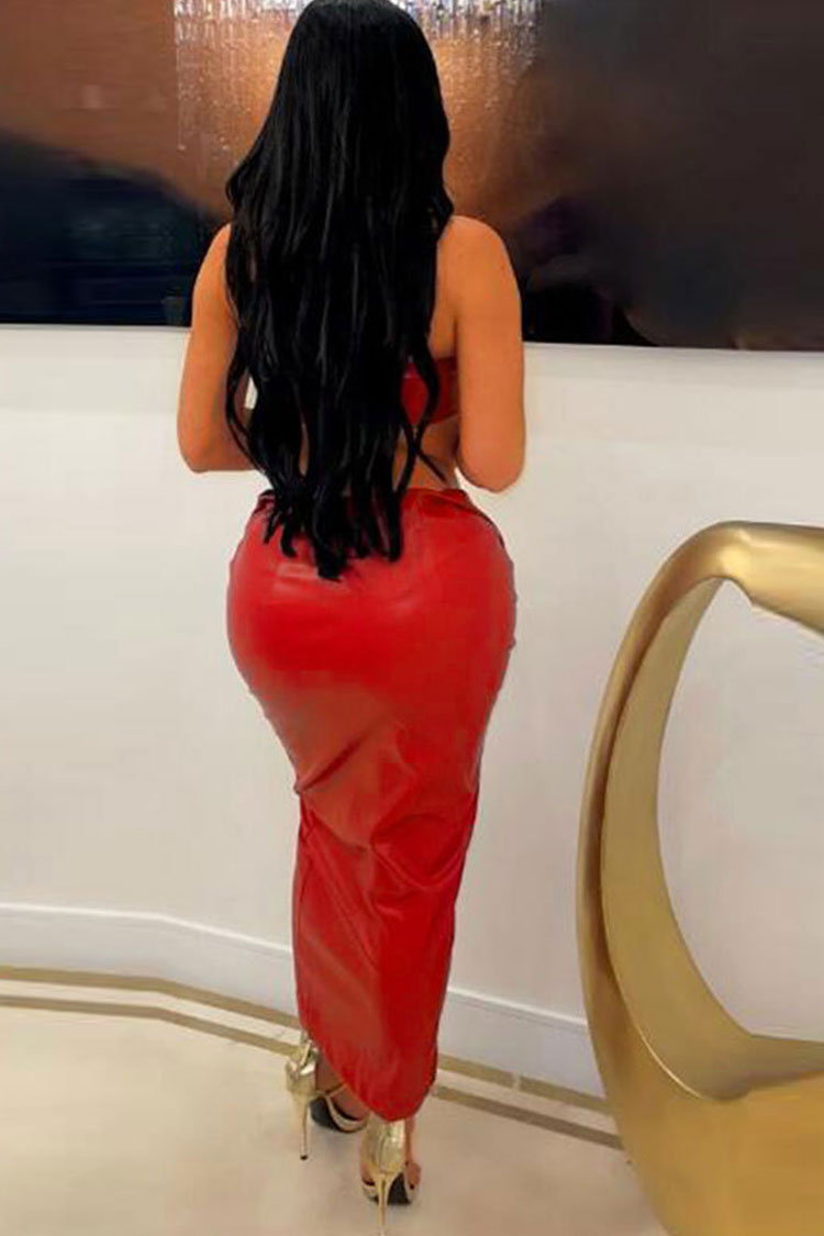 Alluring Club Vegan Leather Buckled Bra Zip Up Maxi Two Piece Dress - Red