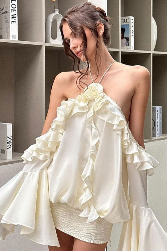 Sexy Cold Shoulder Flutter Sleeve Draped Ruffle Rosette Party Mini Dress