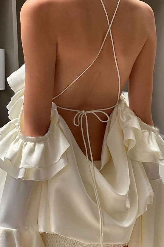 Sexy Cold Shoulder Flutter Sleeve Draped Ruffle Rosette Party Mini Dress