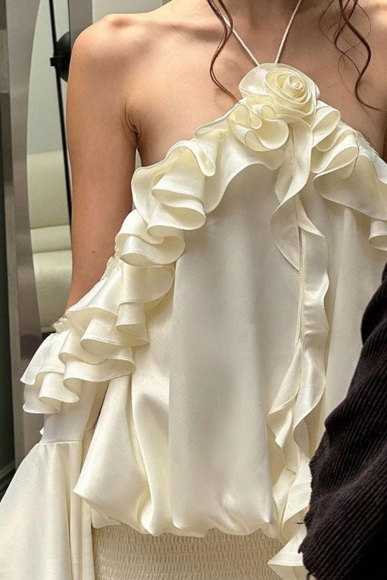 Sexy Cold Shoulder Flutter Sleeve Draped Ruffle Rosette Party Mini Dress