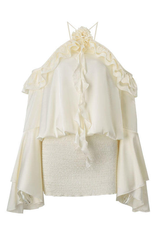 Sexy Cold Shoulder Flutter Sleeve Draped Ruffle Rosette Party Mini Dress