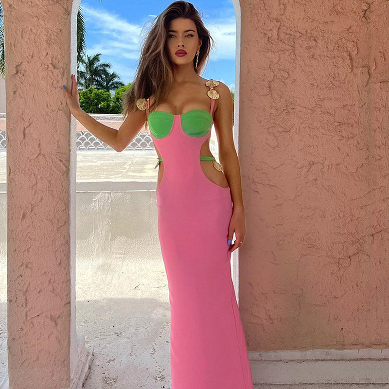 Seashell Hardware Cut Out Spaghetti Strap Prom Bodycon Maxi Dress