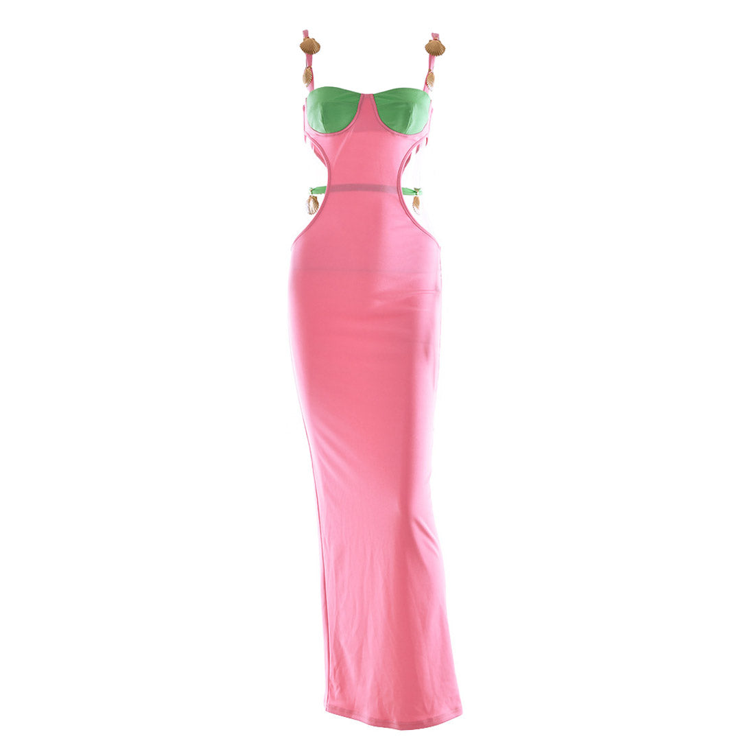 Seashell Hardware Cut Out Spaghetti Strap Prom Bodycon Maxi Dress