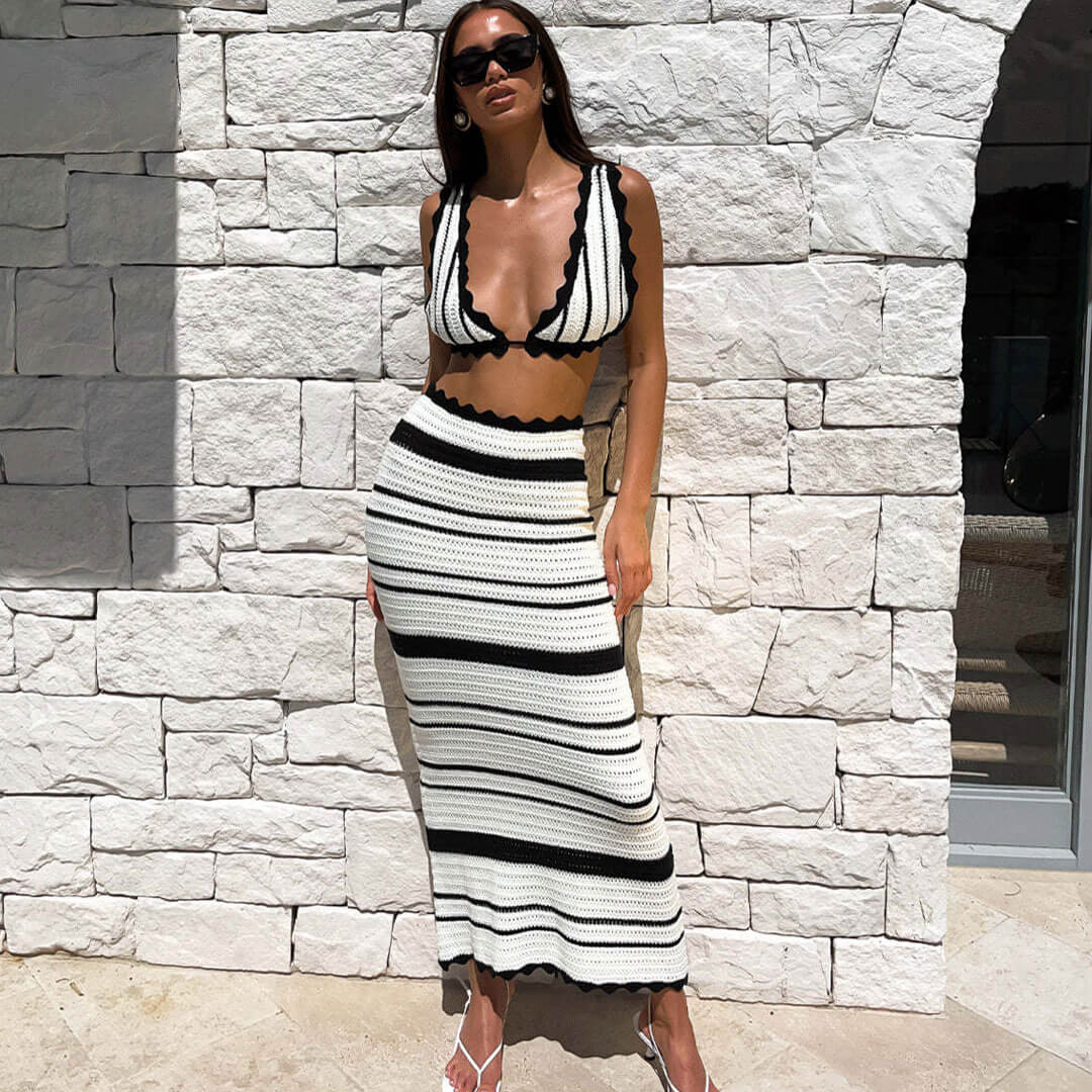 Sexy Contrast Striped Crochet Knit Scalloped Vest Maxi Skirt Matching Set