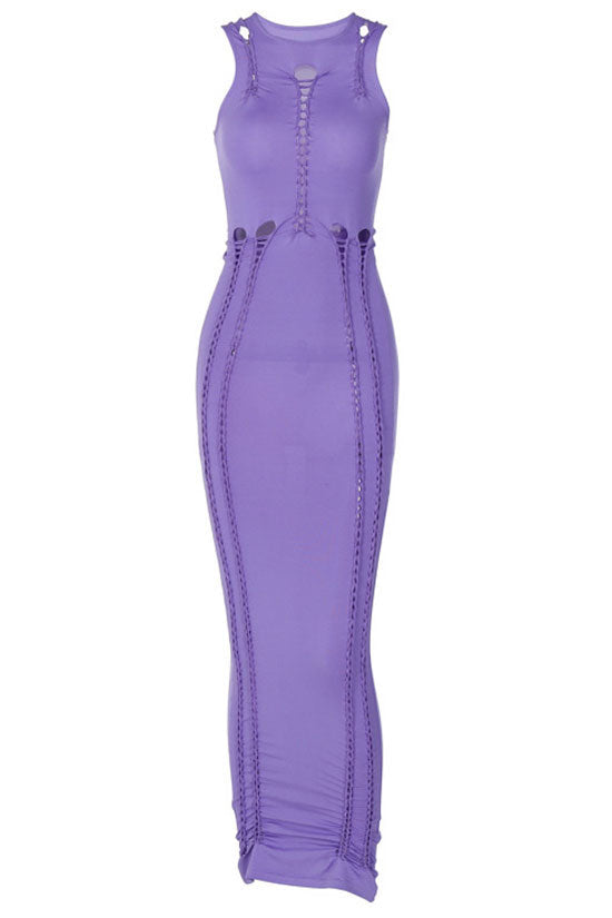 Crew Neck Sleeveless Lace Up Cut Out Bodycon Maxi Dress