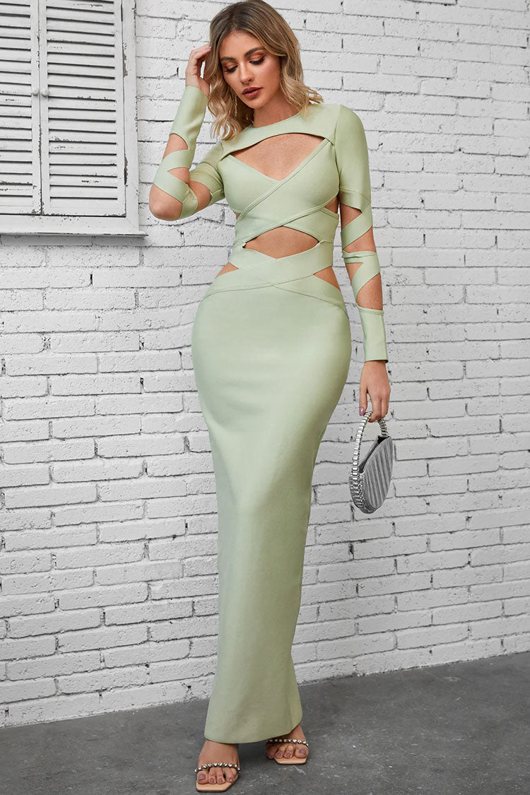 Crew Neck Long Sleeve Bandage Cut Out Bodycon Maxi Dress