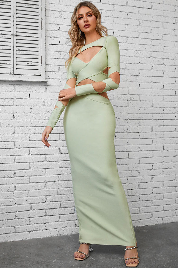 Crew Neck Long Sleeve Bandage Cut Out Bodycon Maxi Dress