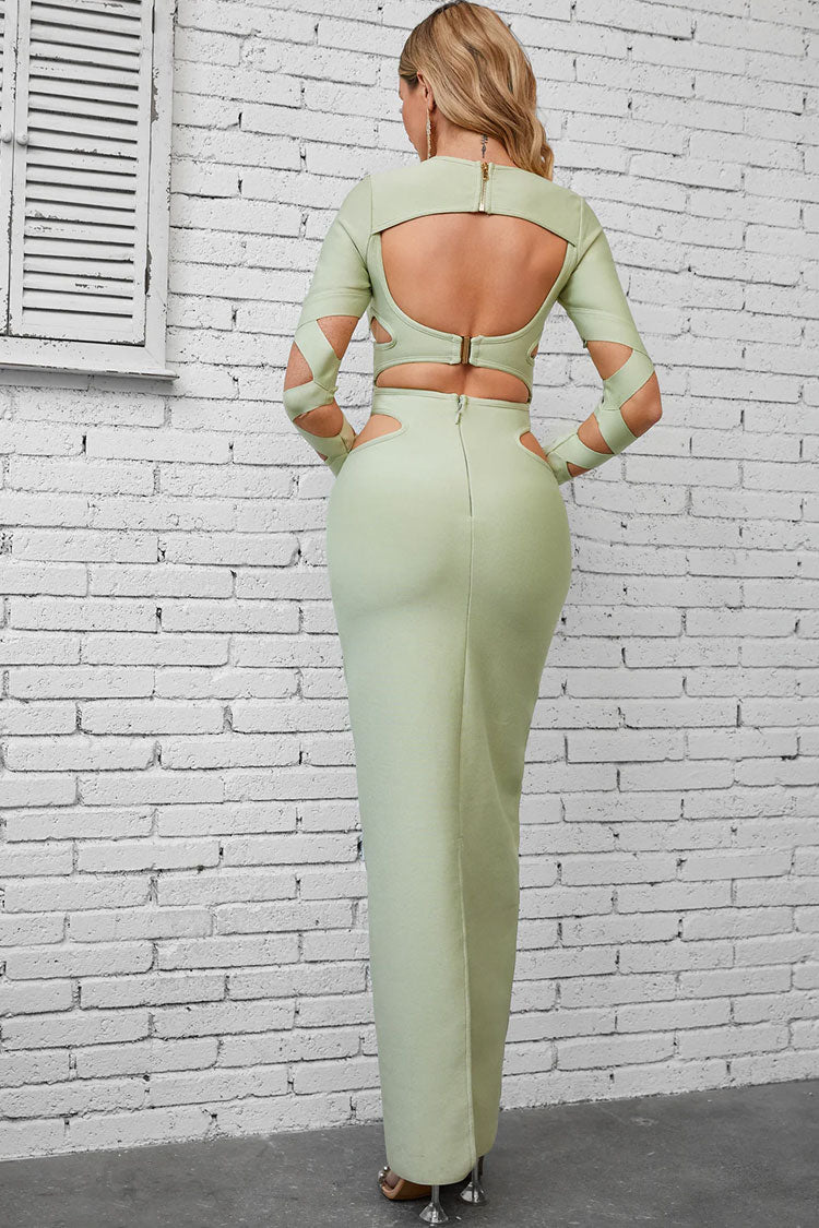 Crew Neck Long Sleeve Bandage Cut Out Bodycon Maxi Dress