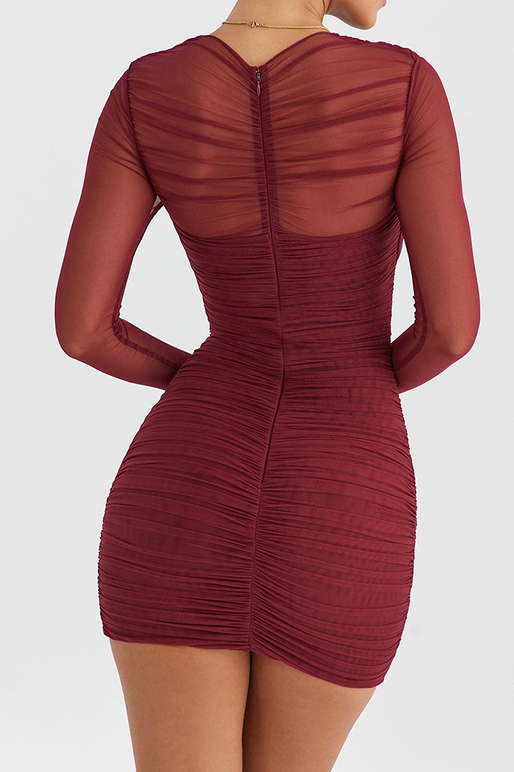 Mesh Crew Neck Long Sleeve Ruched Bodycon Mini Dress
