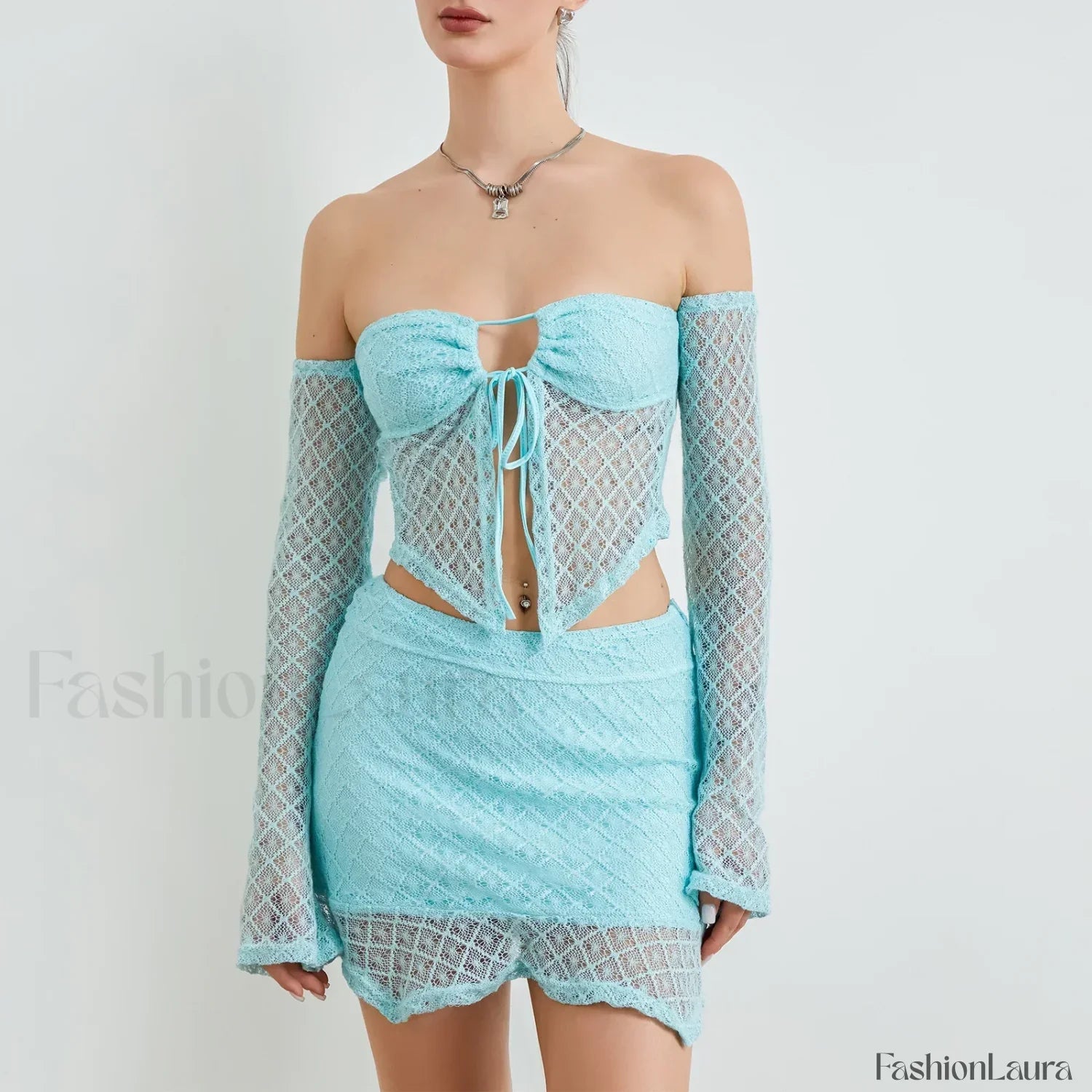 Sexy Crochet Knit Bodycon Skirt Two Piece Set